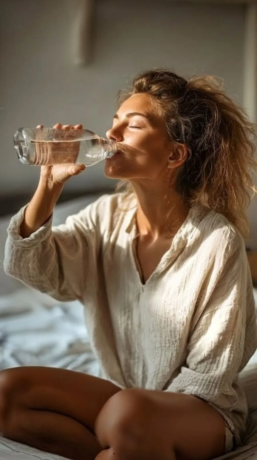 Žena s licem obasjanim suncem pije vodu iz staklene flaše